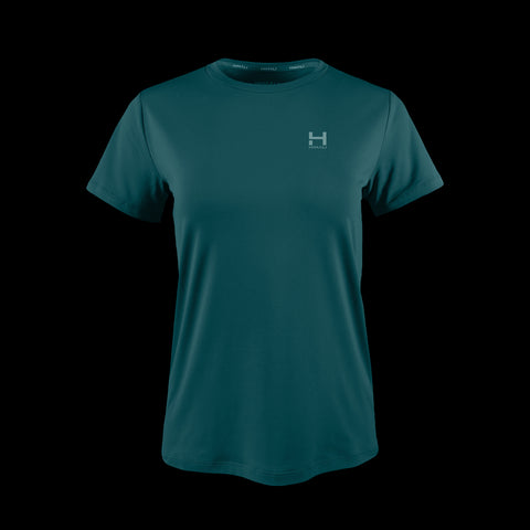 product photo of the womens pursuit short sleeve tech tee in colorway DARK TEAL with a small HIMALI logo on the left chest