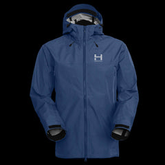 A product photo of the Men's Monsoon Hardshell 4-Season Waterproof jacket in the color Pacific Blue made of a 20K/20K Waterproof Breathable Membrane