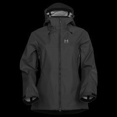 A product photo of the Women's Monsoon Hardshell 4-Season Waterproof jacket in the color Charcoal made of a 20K/20K Waterproof Breathable Membrane