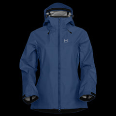 A product photo of the Women's Monsoon Hardshell 4-Season Waterproof jacket in the color Pacific Blue made of a 20K/20K Waterproof Breathable Membrane