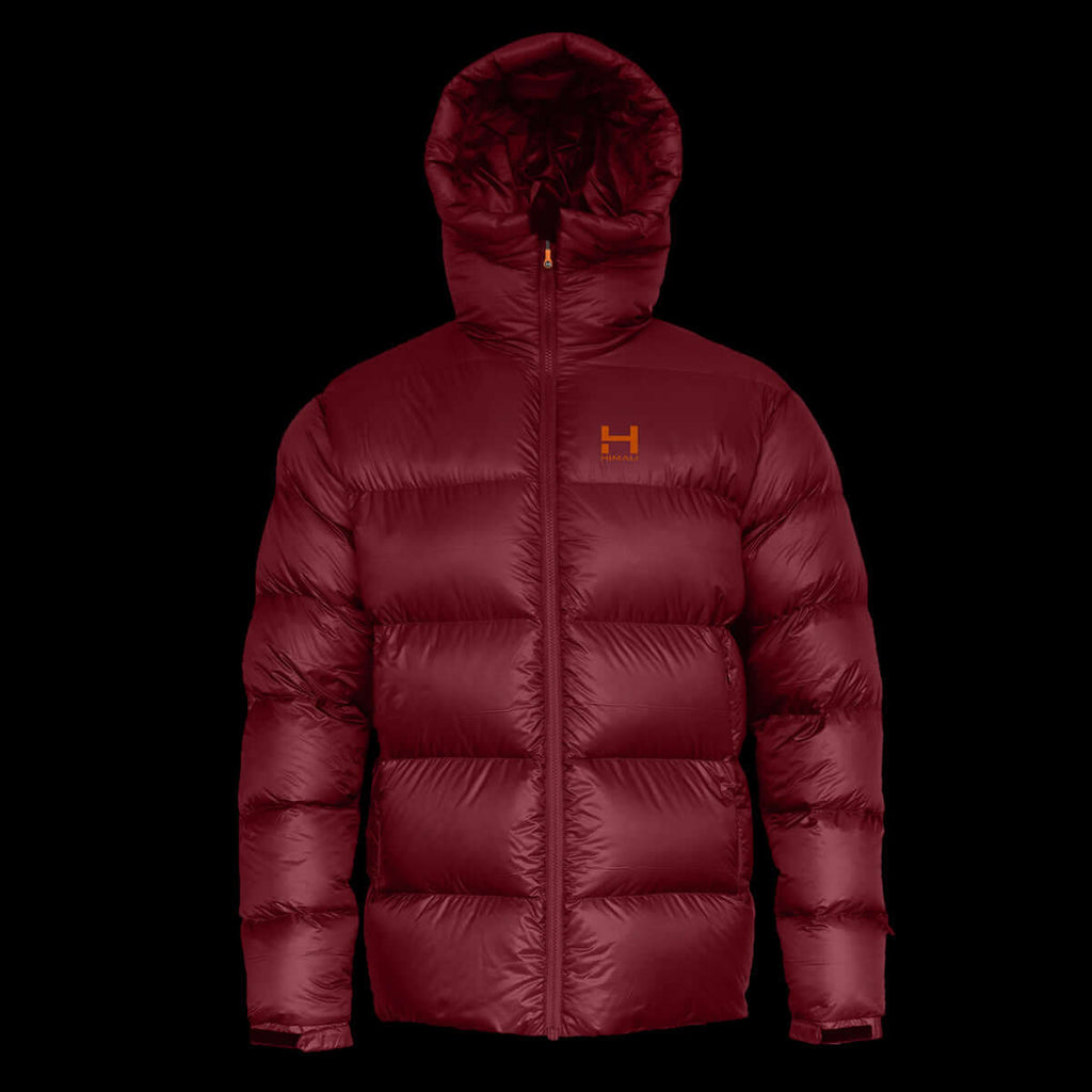 a product photo of the mens hooded altitude down parka in colorway Monk Red with 850 fill power RDS certified HyperDry down jacket