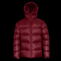 a product photo of the mens hooded altitude down parka in colorway Monk Red with 850 fill power RDS certified HyperDry down jacket