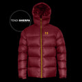 a product photo of the mens hooded altitude down parka in colorway Special Edition Tendi Sherpa Collection Monk Red with 850 fill power RDS certified HyperDry down jacket