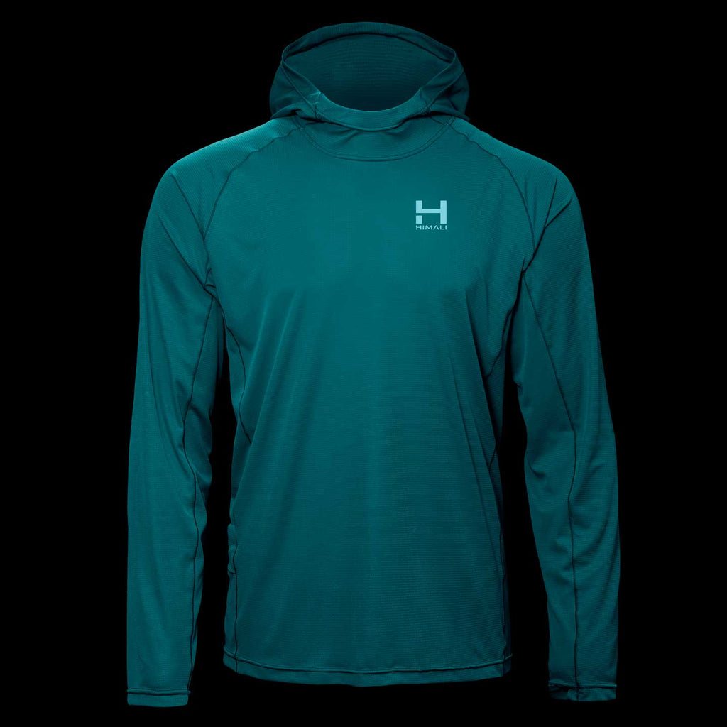 product image of a mens eclipse sun hoodie in the colorway Forrest Teal hilighting the UV protective and breathable fabric