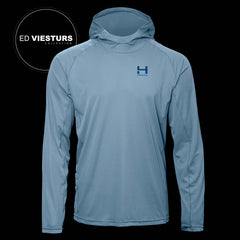 product image of a mens eclipse sun hoodie in the colorway Riverstone hilighting the UV protective and breathable fabric