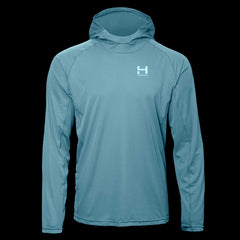 product image of a mens eclipse sun hoodie in the colorway Blue Fog hilighting the UV protective and breathable fabric