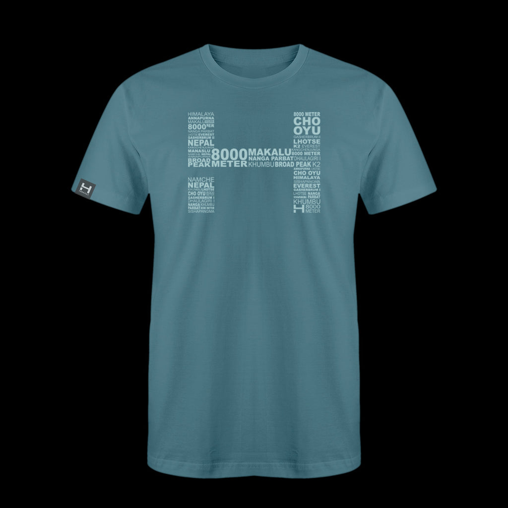 a produt photo of the mens 8000m tech tee in colorway FROZEN BLUE. The artwork has the names of all the 8000m peaks within the HIMALI 'H' logo