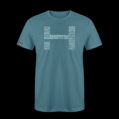 a produt photo of the mens 8000m tech tee in colorway FROZEN BLUE. The artwork has the names of all the 8000m peaks within the HIMALI 'H' logo