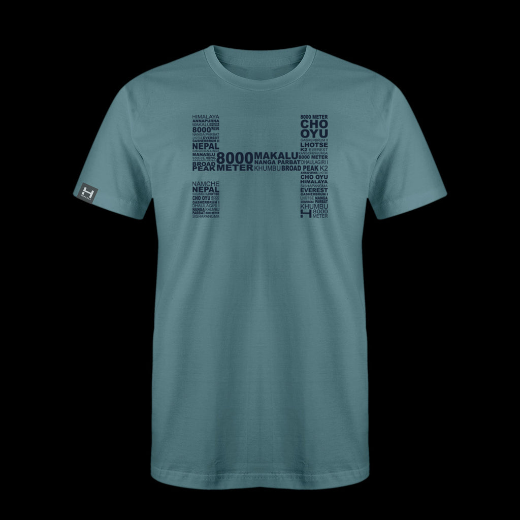 a produt photo of the mens 8000m tech tee in colorway ICEMELT. The artwork has the names of all the 8000m peaks within the HIMALI 'H' logo