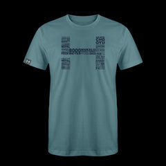 a produt photo of the mens 8000m tech tee in colorway ICEMELT. The artwork has the names of all the 8000m peaks within the HIMALI 'H' logo