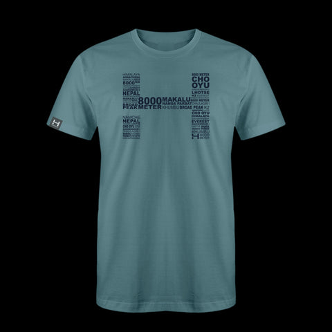 a produt photo of the mens 8000m tech tee in colorway ICEMELT. The artwork has the names of all the 8000m peaks within the HIMALI 'H' logo