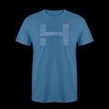 a produt photo of the mens 8000m tech tee in colorway MINDFUL BLUE. The artwork has the names of all the 8000m peaks within the HIMALI 'H' logo