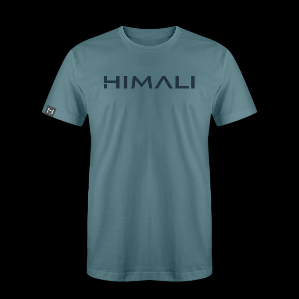 product photo of the mens pursuit short sleeve tech tee in colorway FROZEN BLUE with a large HIMALI logo written across the center chest