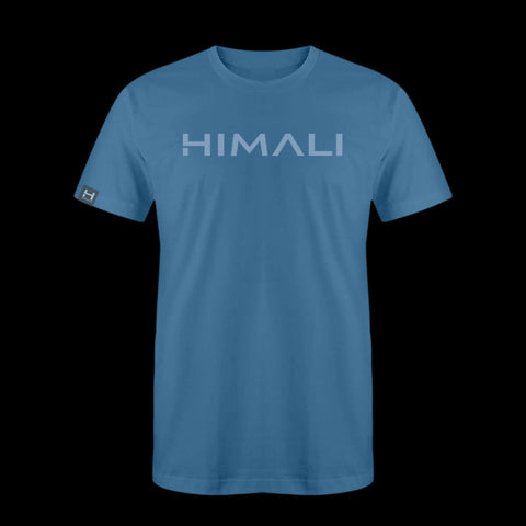 product photo of the mens pursuit short sleeve tech tee in colorway MINDFUL BLUE with a large HIMALI logo written across the center chest 