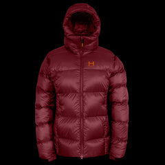 a product photo of the womens hooded altitude down parka in colorway Monk Red with 850 fill power RDS certified HyperDry down jacket