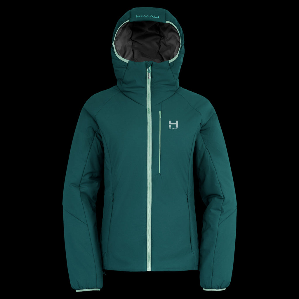 a product photo of the womens ascent stretch hoodie with 100g primaloft gold insulation in colorway MOONLIT SPRUCE