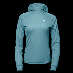 product image of a womens eclipse sun hoodie in the colorway Blue Fog hilighting the UV protection and breathable fabric
