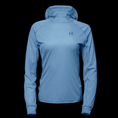 product image of a womens eclipse sun hoodie in the colorway Mist hilighting the UV protection and breathable fabric
