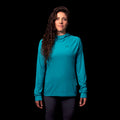 a fit photo of the front of the womens Eclipse Sun Hoodie with UV protection in colorway Electric Mint
