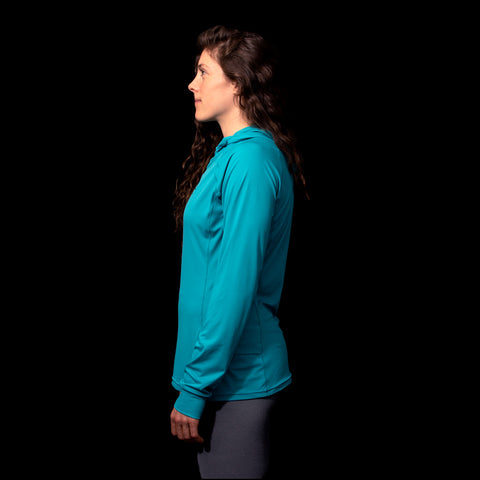 a fit photo of the side of the womens Eclipse Sun Hoodie with UV protection in colorway Electric Mint