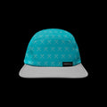 ICE PICK BOULDER HAT - TEAL - detail photo of a 5 panel hat with quick dry performance materials