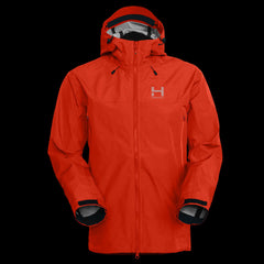 A product photo of the Men's Monsoon Hardshell 4-Season Waterproof jacket in the color Lava Red made of a 20K/20K Waterproof Breathable Membrane