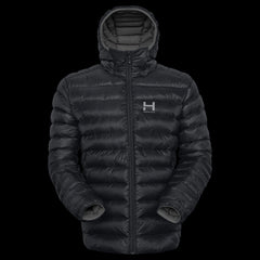 product photo of the mens hooded Peak 7 down jacket in colorway DARKEST NIGHT with 700 fill power RDS certified HyperDry down jacket