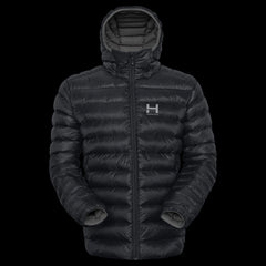 product photo of the mens hooded Peak 7 down jacket in colorway DARKEST NIGHT with 700 fill power RDS certified HyperDry down jacket
