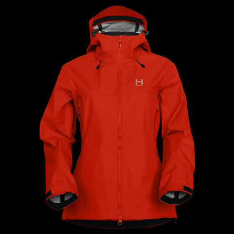 A product photo of the Women's Monsoon Hardshell 4-Season Waterproof jacket in the color Lava Red made of a 20K/20K Waterproof Breathable Membrane