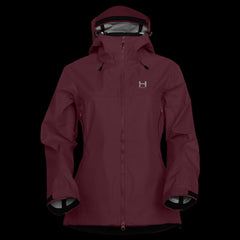 A product photo of the Women's Monsoon Hardshell 4-Season Waterproof jacket in the color Meditation Red made of a 20K/20K Waterproof Breathable Membrane