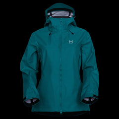 A product photo of the Women's Monsoon Hardshell 4-Season Waterproof jacket in the color Electric Teal made of a 20K/20K Waterproof Breathable Membrane