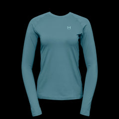 product photo of the womens pursuit long sleeve tech tee in colorway FROZEN BLUE with a small HIMALI logo on the left chest