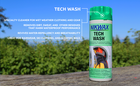 A detailed photo illustrating the technical abilities of the NIKWAX Original Tech Wash including reviving water repellency and breathability and extending the life span of wet weather gear by removing dirt, sweat and other harsh buildups that could harm w